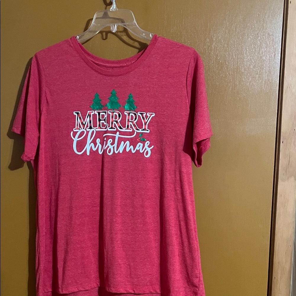 Holiday Time Red Christmas Tee with Green Trees